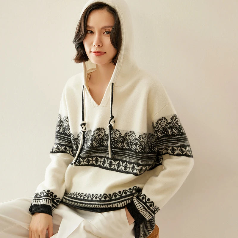 Pull en cachemire automne-hiver pour femme, à capuche, en jacquard épais et ample, doublé de laine tricotée