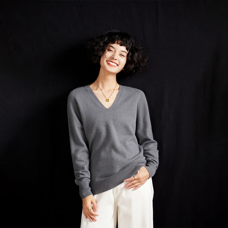 Pull en cachemire pur 100 % pour femme, col V, coupe ample et décontractée, en maille, idéal pour l'automne/hiver. Chemisier basique et polyvalent.