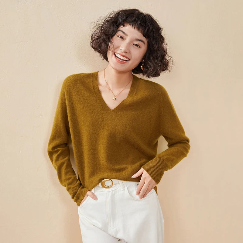 Pull en cachemire pur 100 % pour femme, col V, coupe ample et décontractée, en maille, idéal pour l'automne/hiver. Chemisier basique et polyvalent.