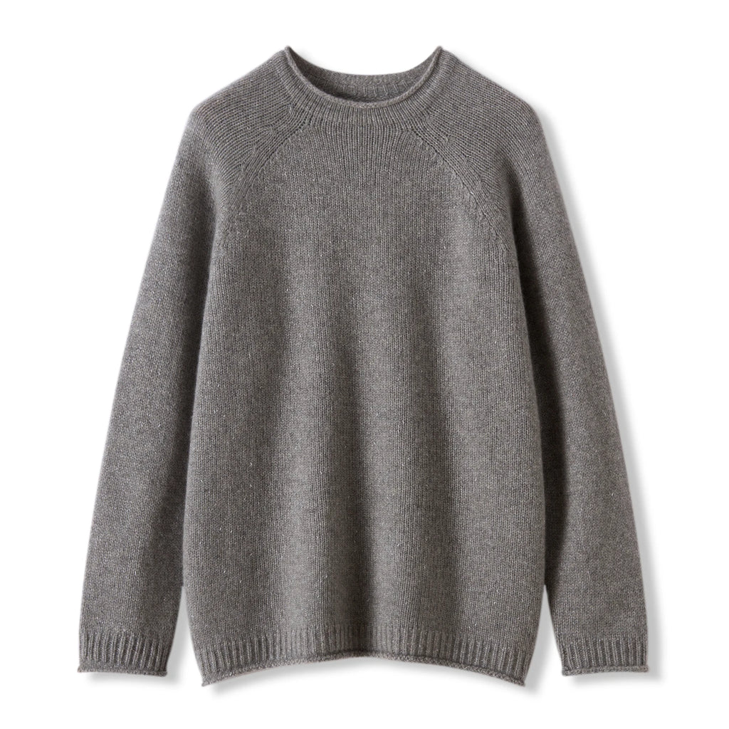 Pull en pur cachemire pour femme, mi-long, ample et décontracté, grand modèle à ourlet retroussé.