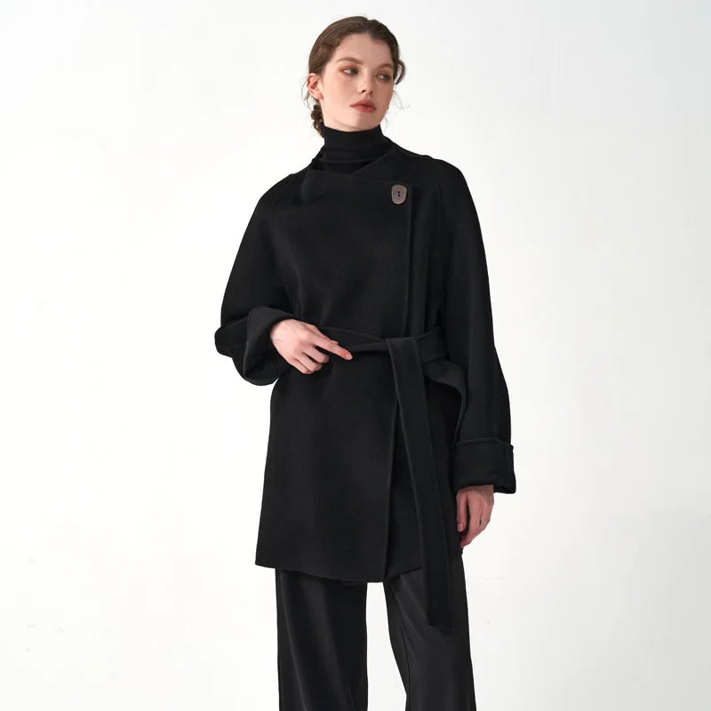 Manteau d'hiver classique en cachemire pour femme, doux et confortable, en laine double face, col rond, coupe ample