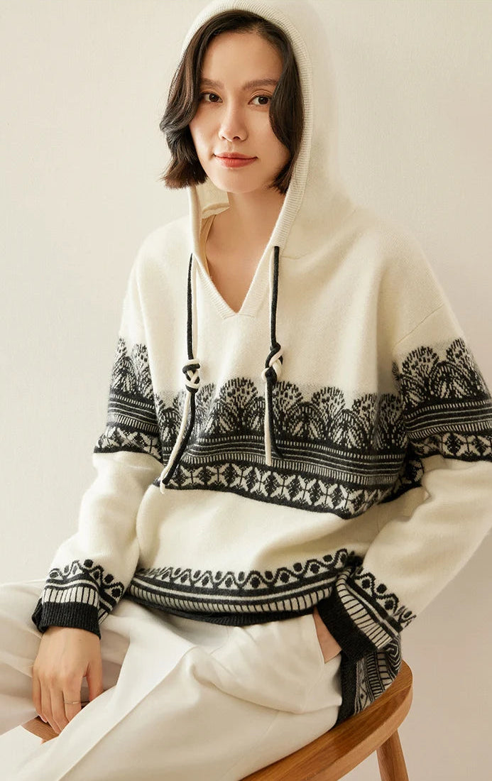 Pull en cachemire automne-hiver pour femme, à capuche, en jacquard épais et ample, doublé de laine tricotée