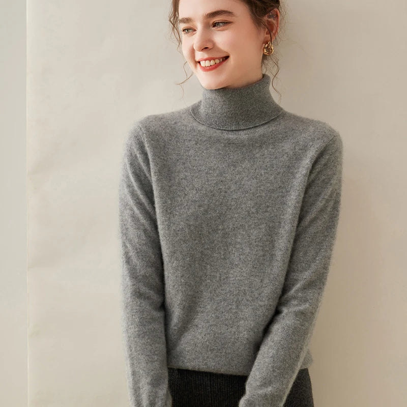 Pull en cachemire pour femme, col roulé, manches longues, 100 % pur cachemire, style coréen.