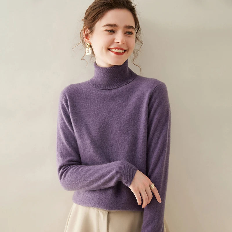 Pull en cachemire pour femme, col roulé, manches longues, 100 % pur cachemire, style coréen.