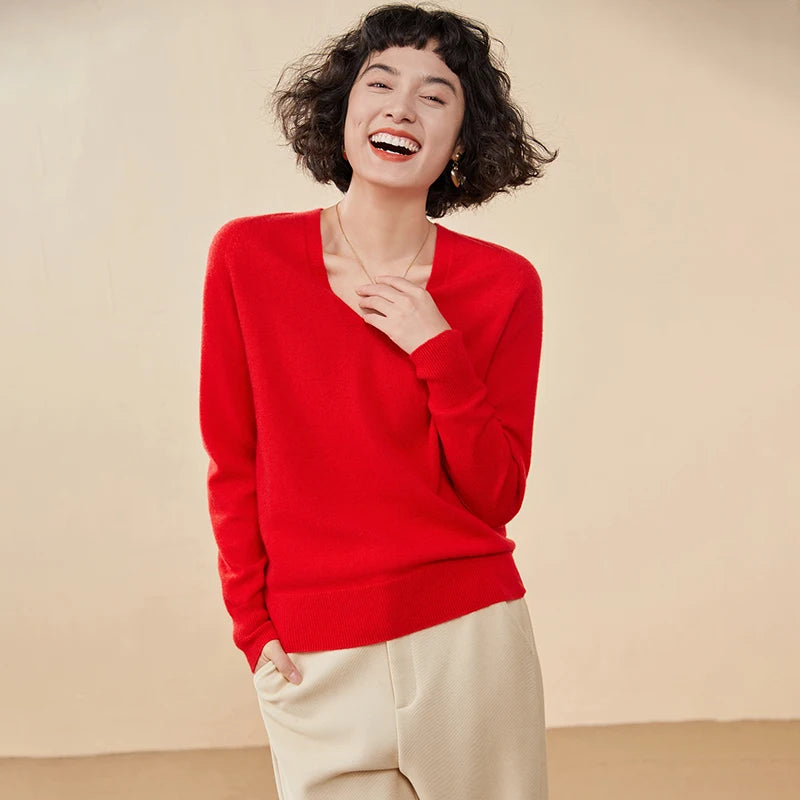 Pull en cachemire pur 100 % pour femme, col V, coupe ample et décontractée, en maille, idéal pour l'automne/hiver. Chemisier basique et polyvalent.