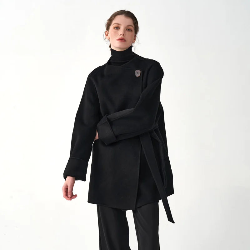 Manteau d'hiver classique en cachemire pour femme, doux et confortable, en laine double face, col rond, coupe ample