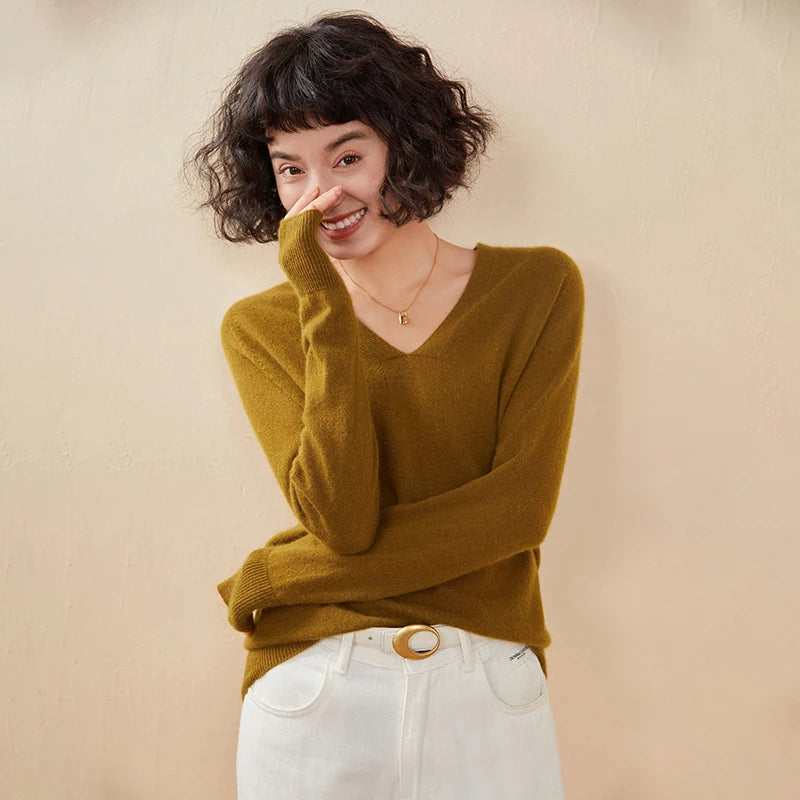 Pull en cachemire pur 100 % pour femme, col V, coupe ample et décontractée, en maille, idéal pour l'automne/hiver. Chemisier basique et polyvalent.