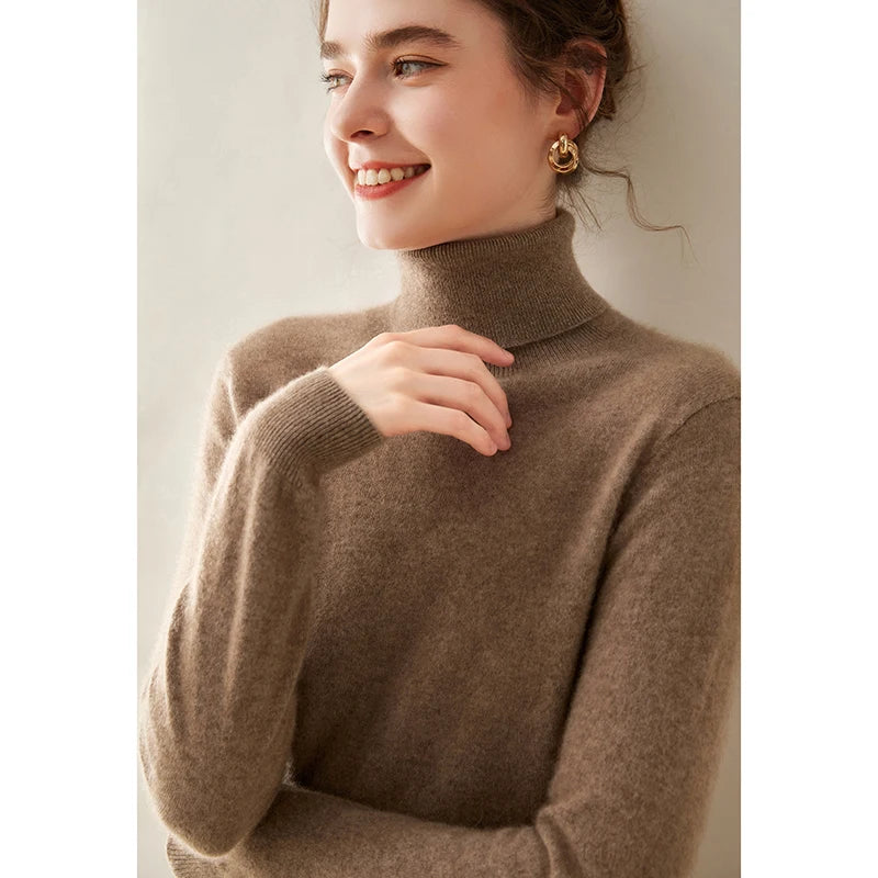 Pull en cachemire pour femme, col roulé, manches longues, 100 % pur cachemire, style coréen.
