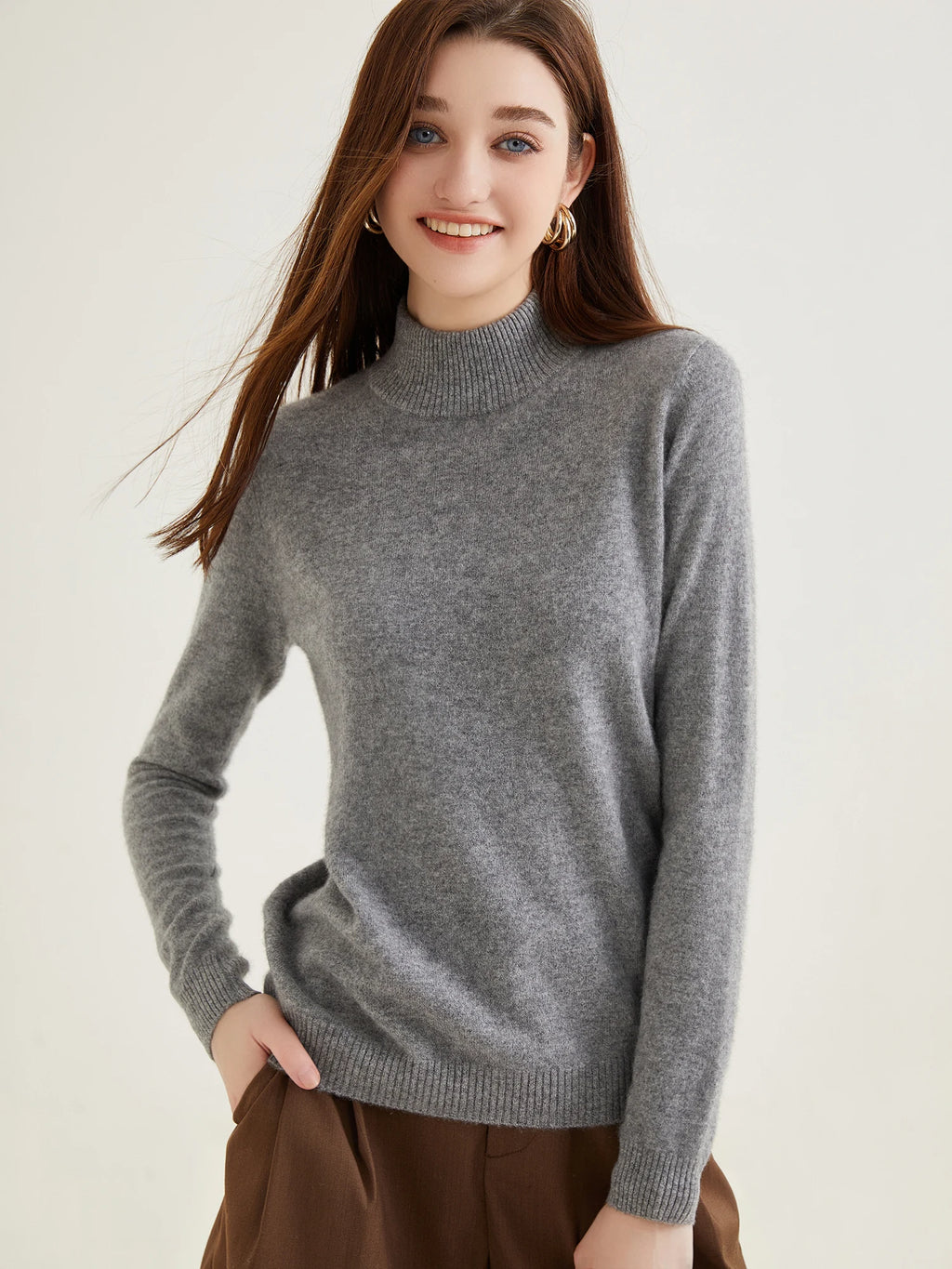 Pull col roulé 100 % cachemire pour femme, pull en maille cachemire et laine, haut tricoté, manches longues