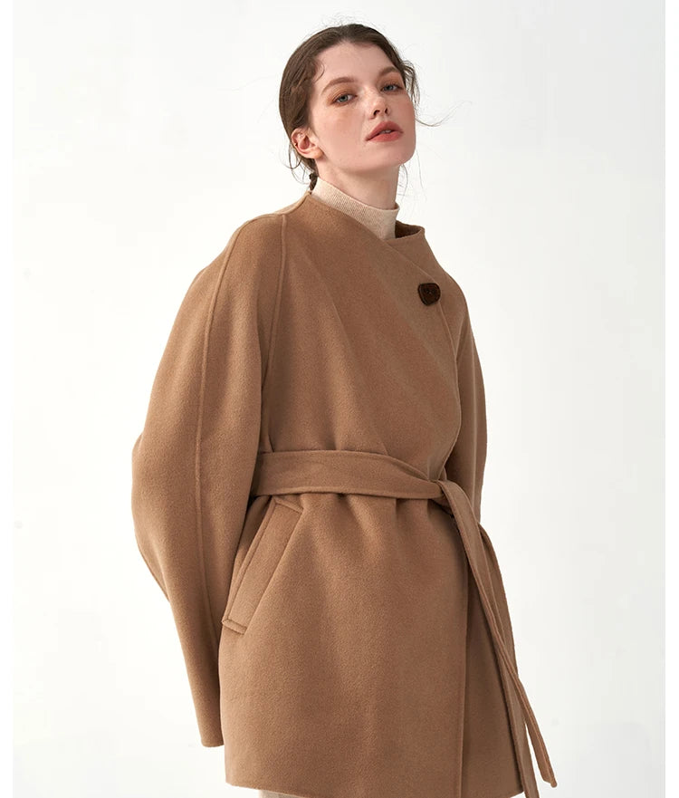 Manteau d'hiver classique en cachemire pour femme, doux et confortable, en laine double face, col rond, coupe ample