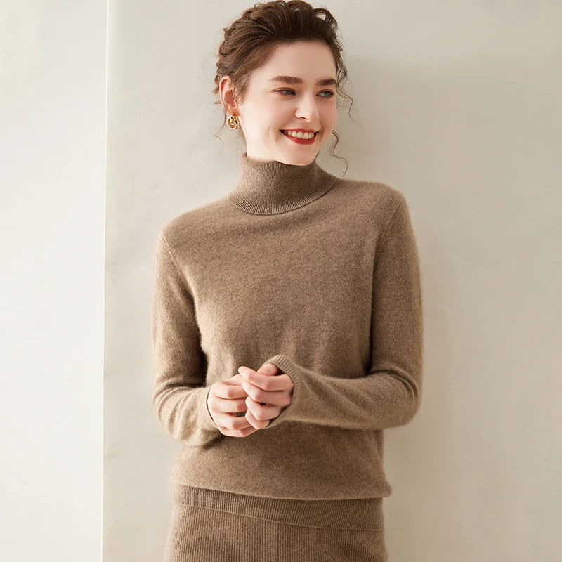 Pull en cachemire pour femme, col roulé, manches longues, 100 % pur cachemire, style coréen.