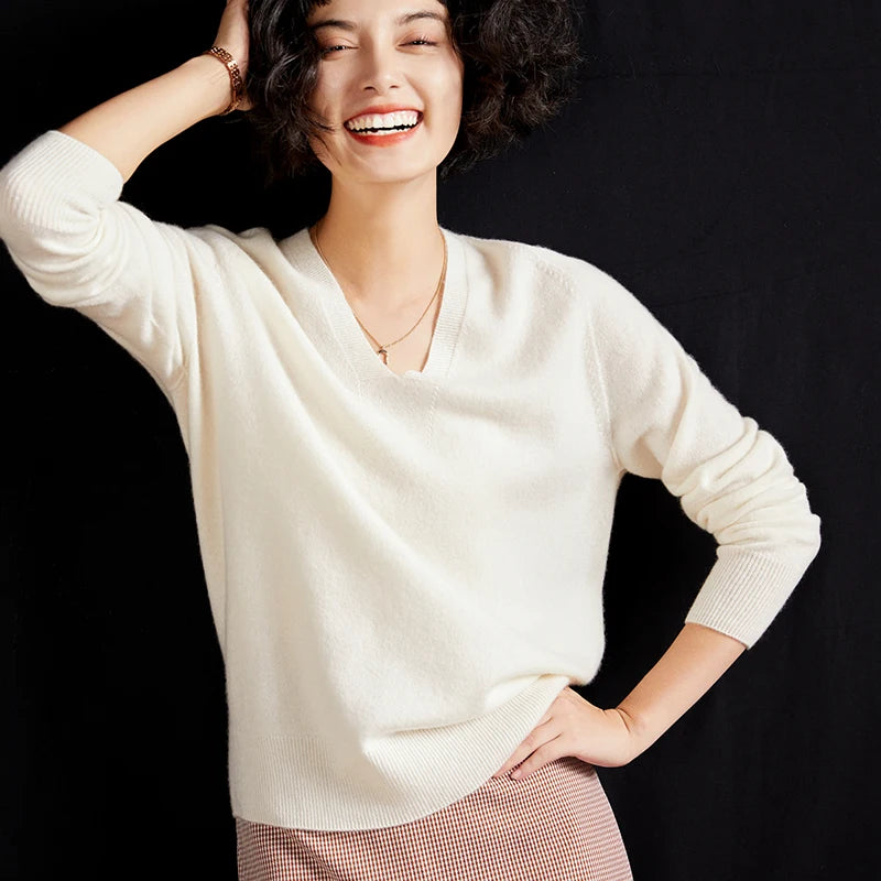 Pull en cachemire pur 100 % pour femme, col V, coupe ample et décontractée, en maille, idéal pour l'automne/hiver. Chemisier basique et polyvalent.
