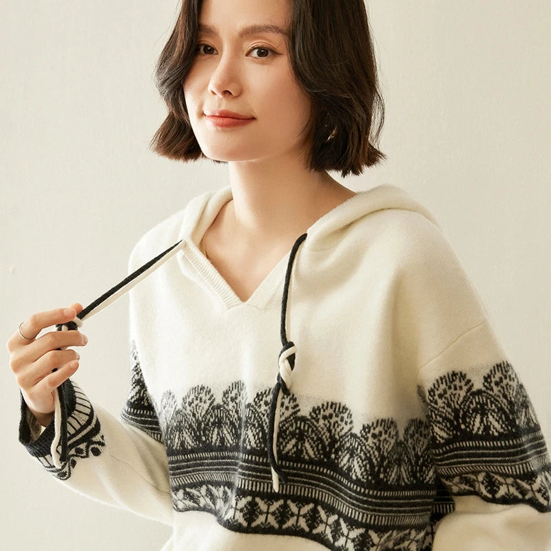 Pull en cachemire automne-hiver pour femme, à capuche, en jacquard épais et ample, doublé de laine tricotée