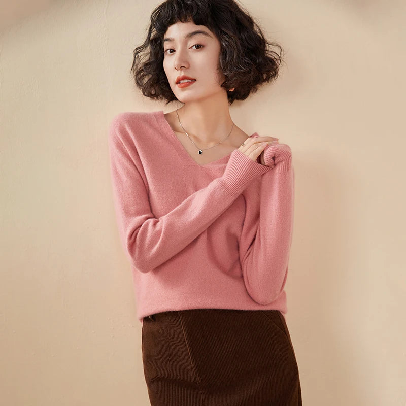 Pull en cachemire pur 100 % pour femme, col V, coupe ample et décontractée, en maille, idéal pour l'automne/hiver. Chemisier basique et polyvalent.