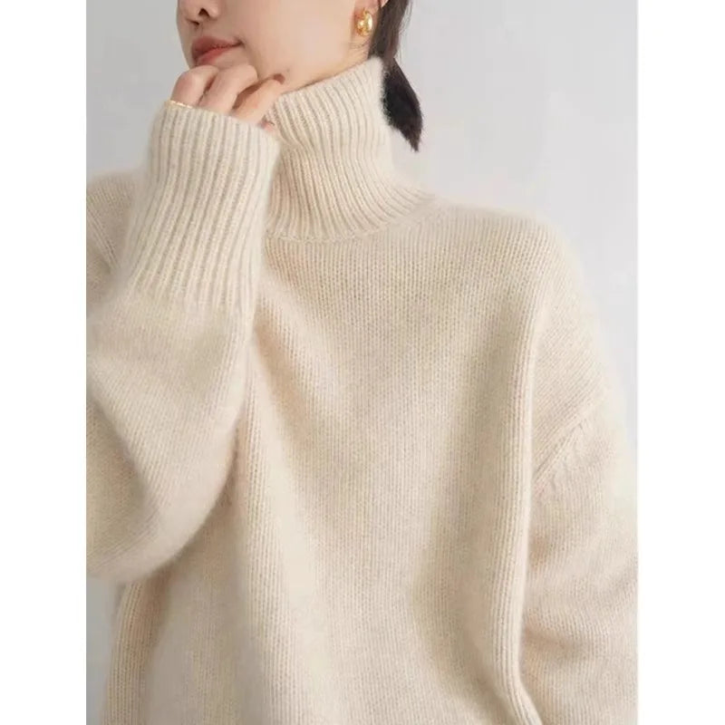 Pull en cachemire épais automne-hiver pour femme, col montant, ample et chaud, style veste/top