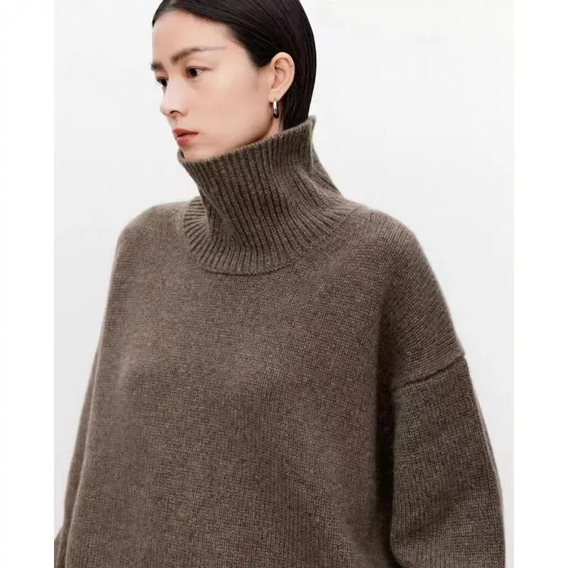 Pull à col roulé haut de gamme en cachemire doux et ciré, 100 % cachemire, ample et épais, sur une base en laine