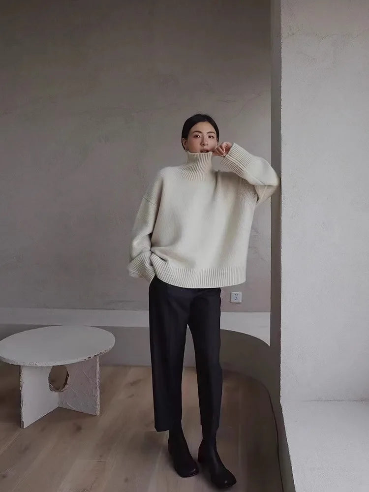 Pull en cachemire épais automne-hiver pour femme, col montant, ample et chaud, style veste/top