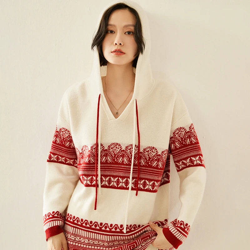 Pull en cachemire automne-hiver pour femme, à capuche, en jacquard épais et ample, doublé de laine tricotée