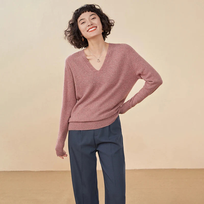 Pull en cachemire pur 100 % pour femme, col V, coupe ample et décontractée, en maille, idéal pour l'automne/hiver. Chemisier basique et polyvalent.