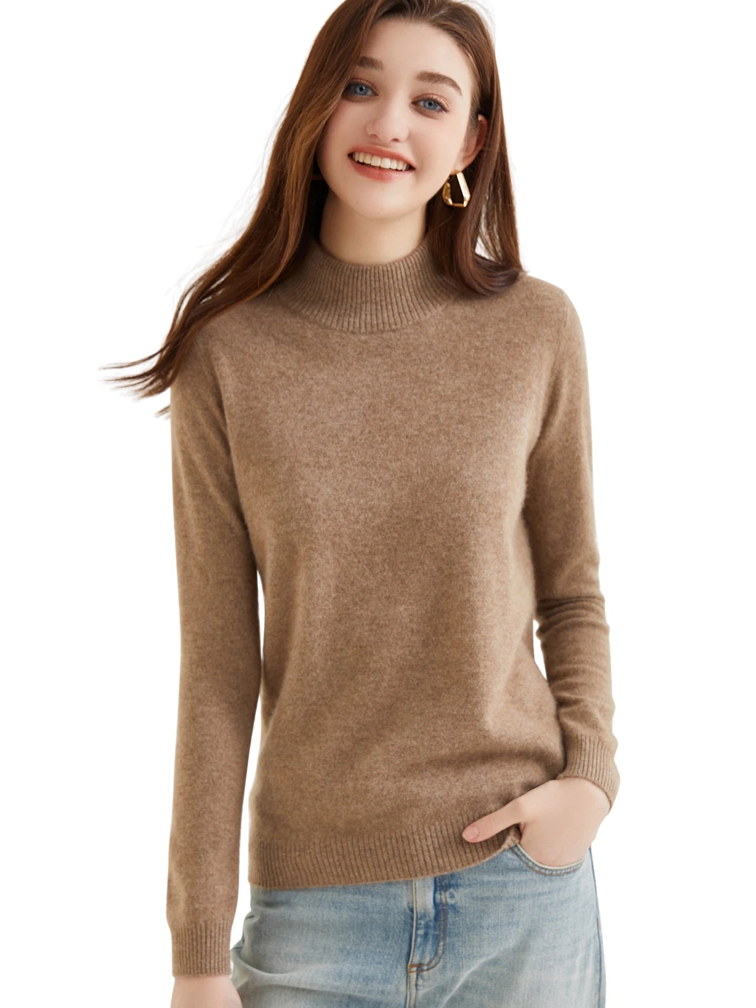 Pull col roulé 100 % cachemire pour femme, pull en maille cachemire et laine, haut tricoté, manches longues
