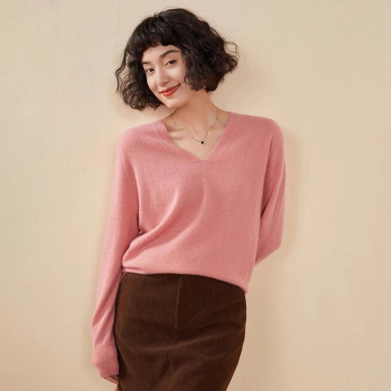 Pull en cachemire pur 100 % pour femme, col V, coupe ample et décontractée, en maille, idéal pour l'automne/hiver. Chemisier basique et polyvalent.