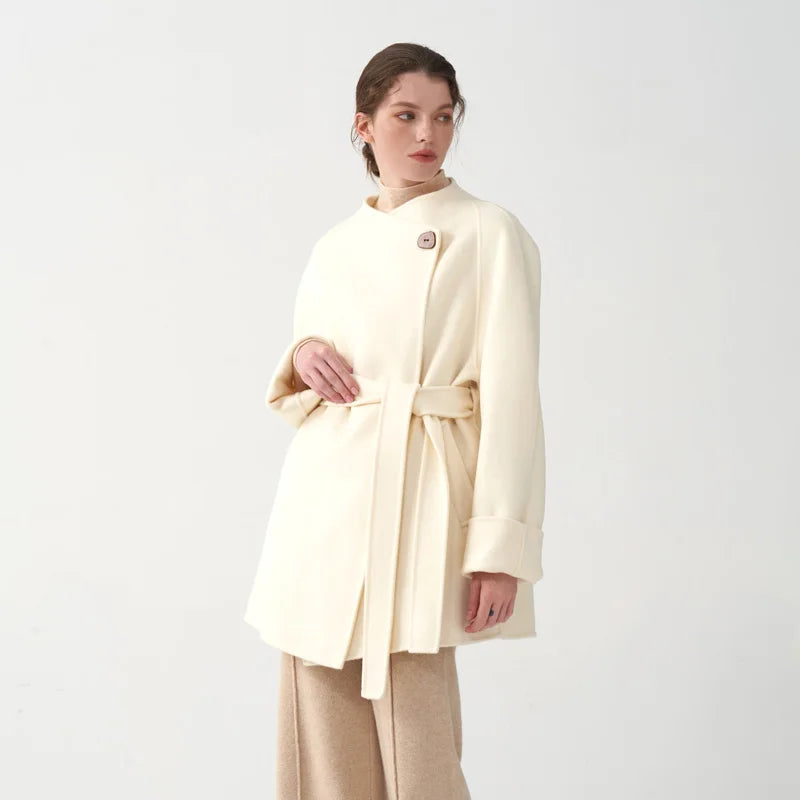 Manteau d'hiver classique en cachemire pour femme, doux et confortable, en laine double face, col rond, coupe ample