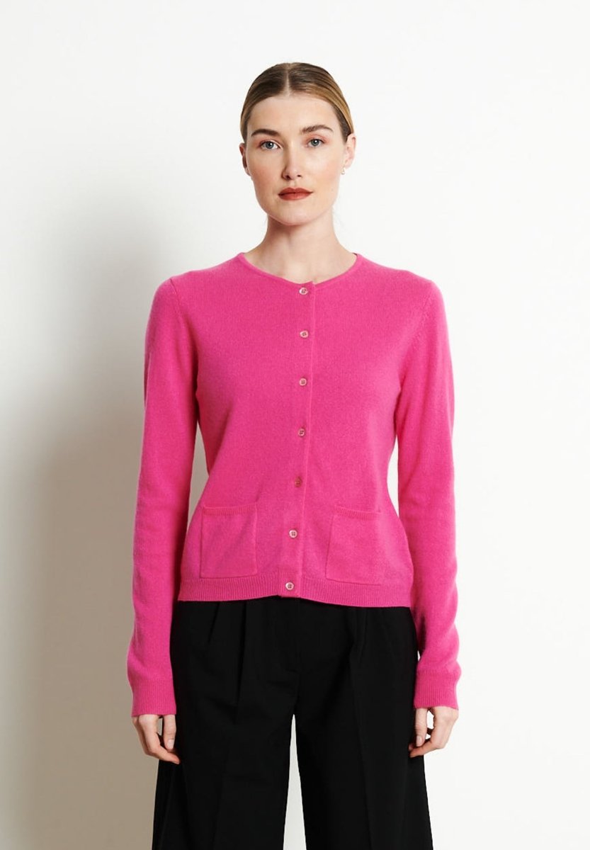 Cardigan col rond femme en cachemire rose indien - LILLY 4B
