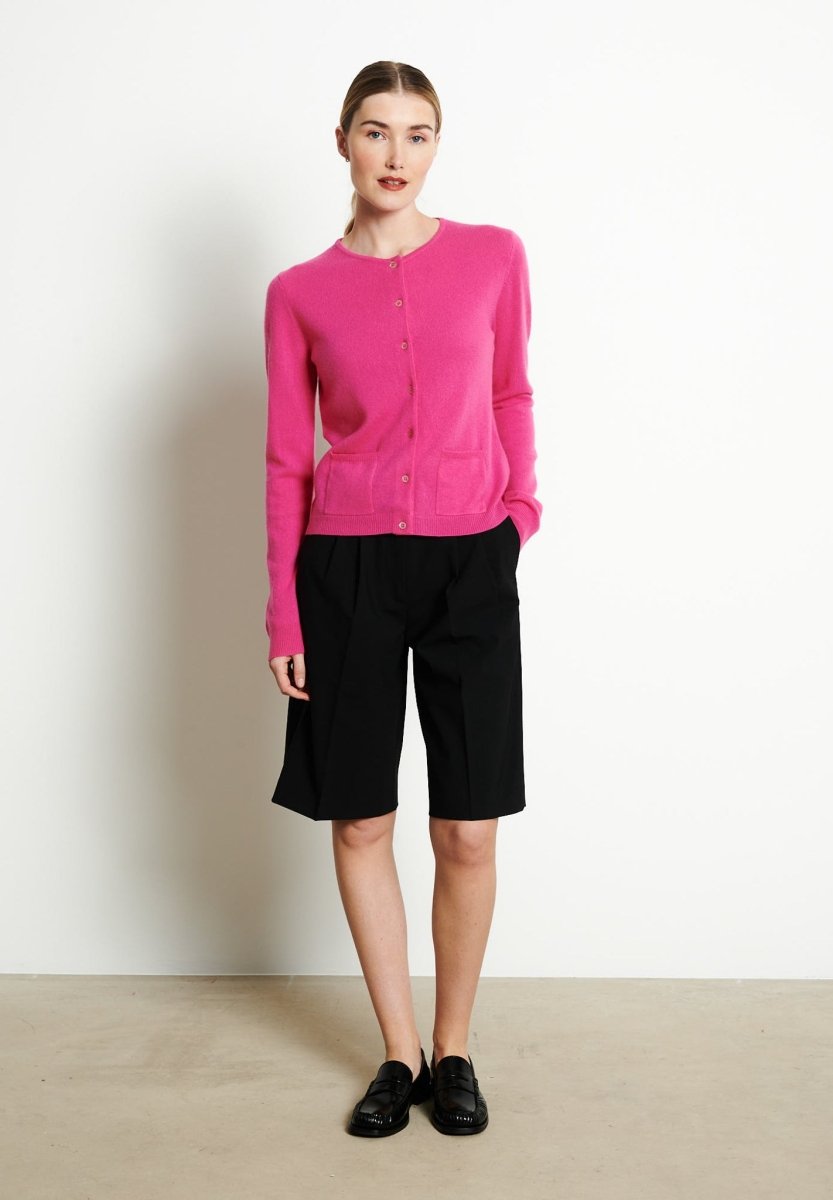 Cardigan col rond femme en cachemire rose indien - LILLY 4B