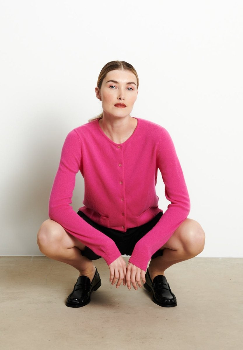 Cardigan col rond femme en cachemire rose indien - LILLY 4B