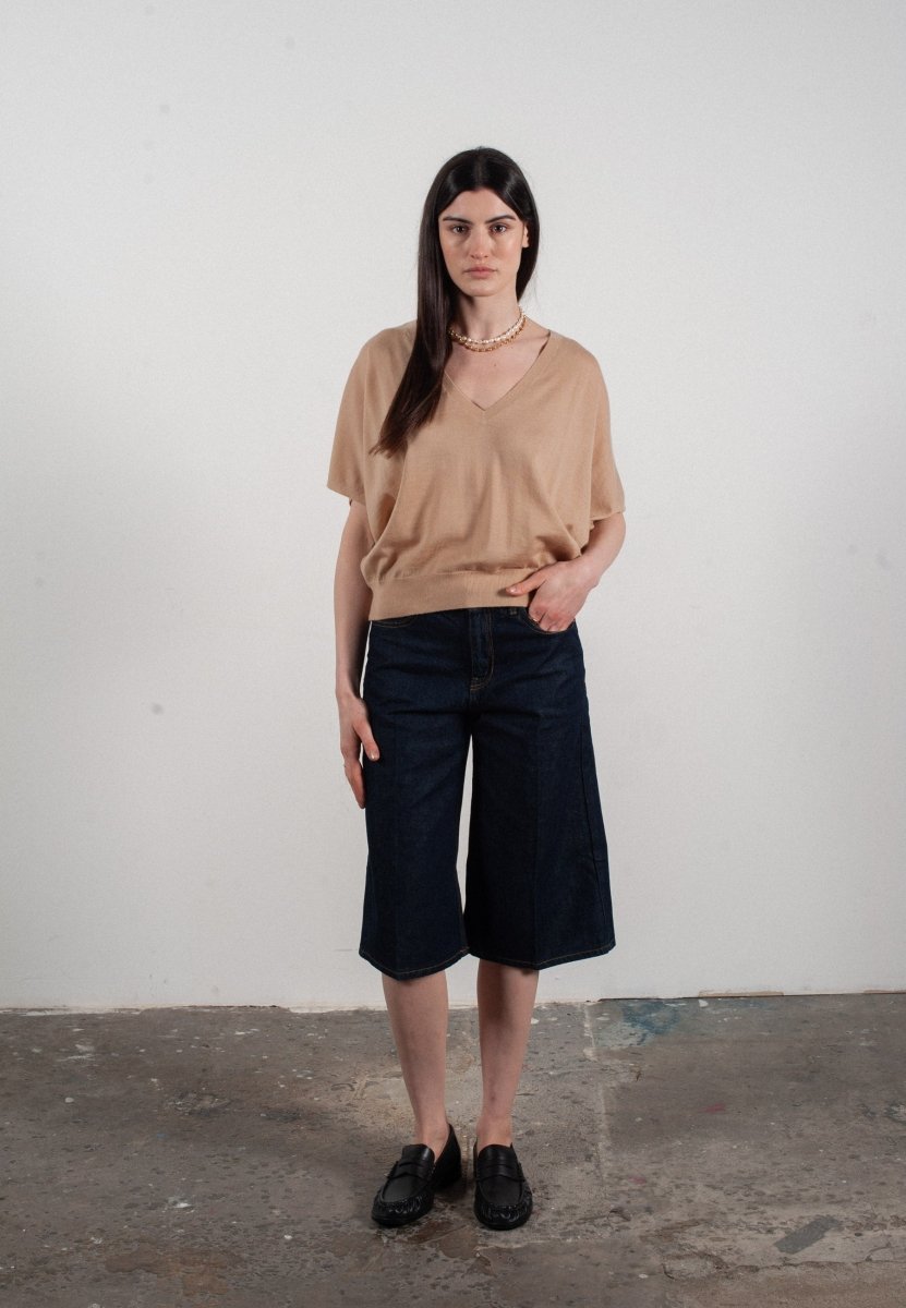Women's V-neck dolman sleeve sweater in beige ultrafine cashmere & wool - KELLY 6