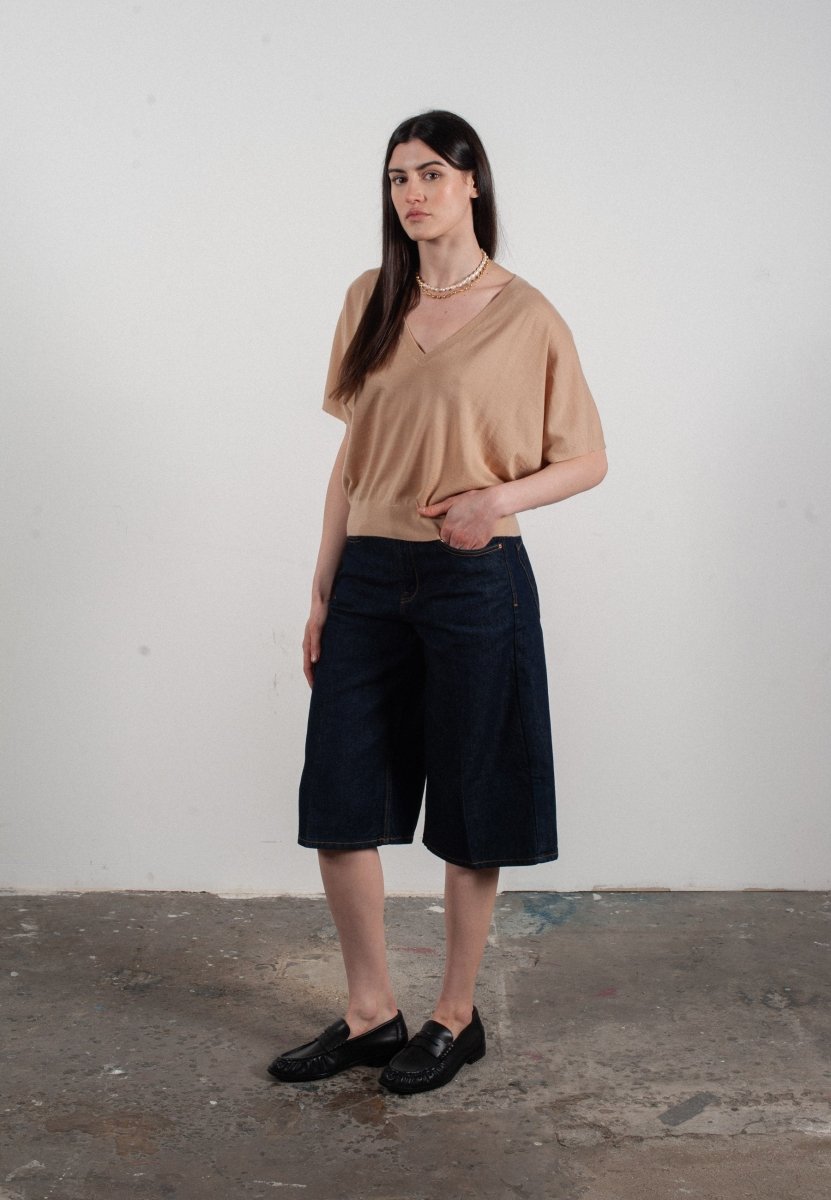 Women's V-neck dolman sleeve sweater in beige ultrafine cashmere & wool - KELLY 6