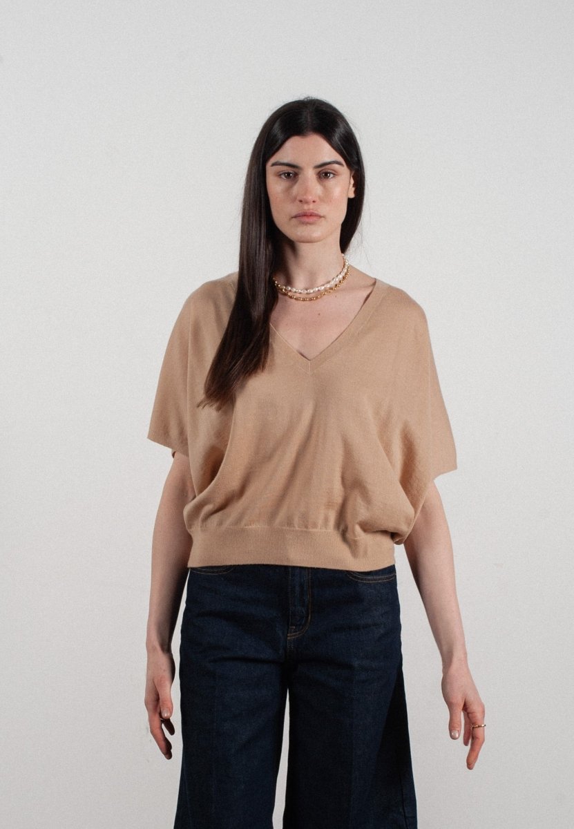 Pull col V à manches chauve souris femme en cachemire & laine ultrafin beige - KELLY 6