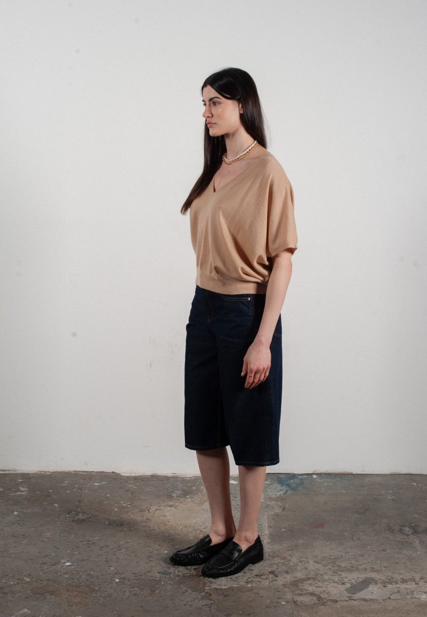 Women's V-neck dolman sleeve sweater in beige ultrafine cashmere & wool - KELLY 6
