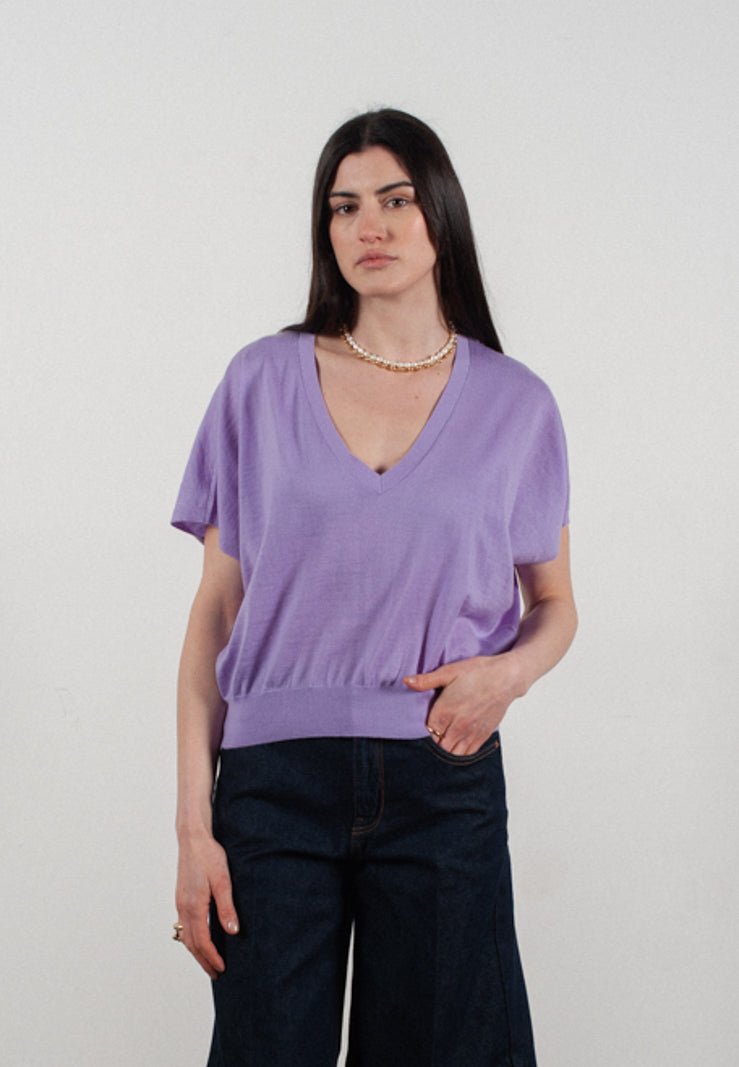 Women's lavender ultrafine cashmere & wool batwing V-neck jumper - KELLY 6