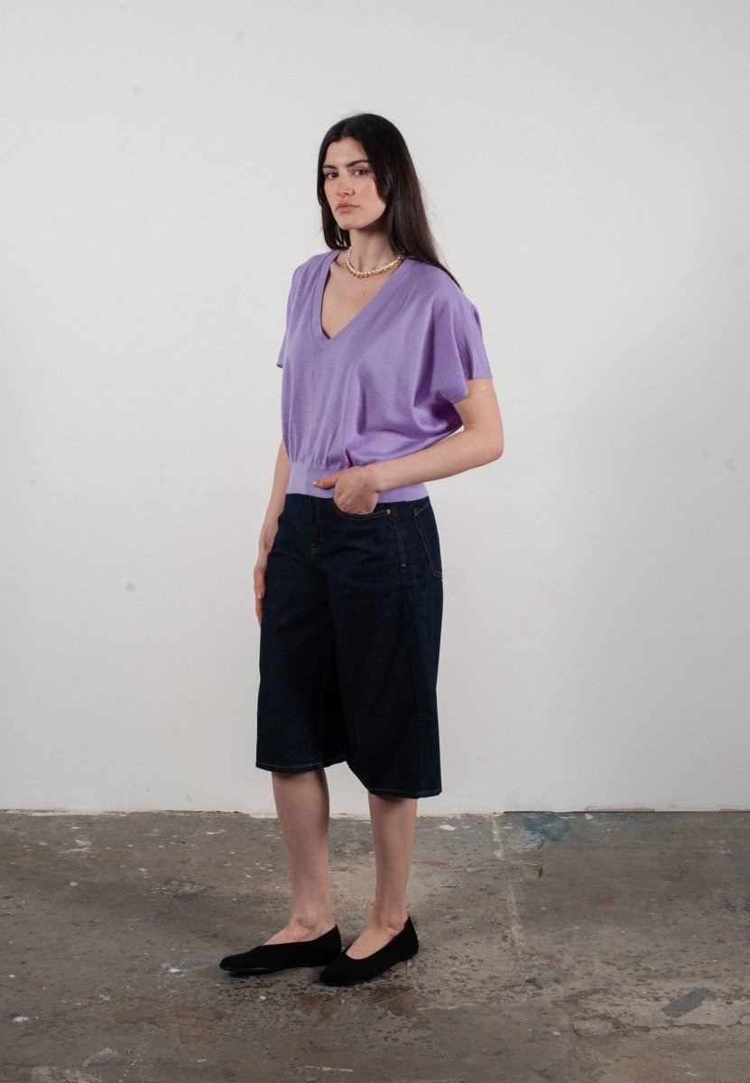 Women's lavender ultrafine cashmere & wool batwing V-neck jumper - KELLY 6