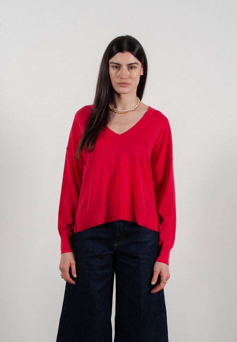 Pull col V femme en cachemire & laine ultrafin fuchsia - KELLY 10