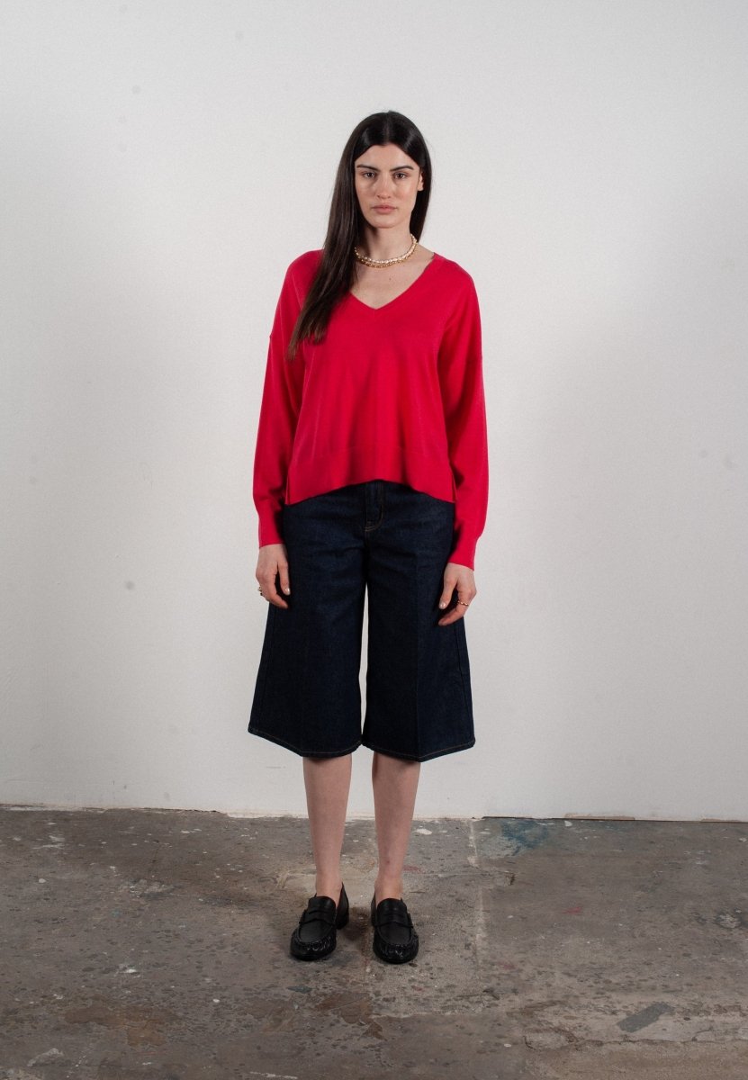 Pull col V femme en cachemire & laine ultrafin fuchsia - KELLY 10