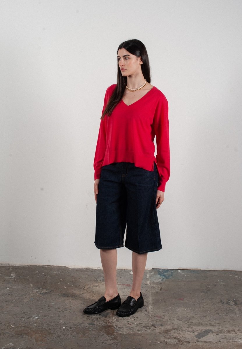 Pull col V femme en cachemire & laine ultrafin fuchsia - KELLY 10