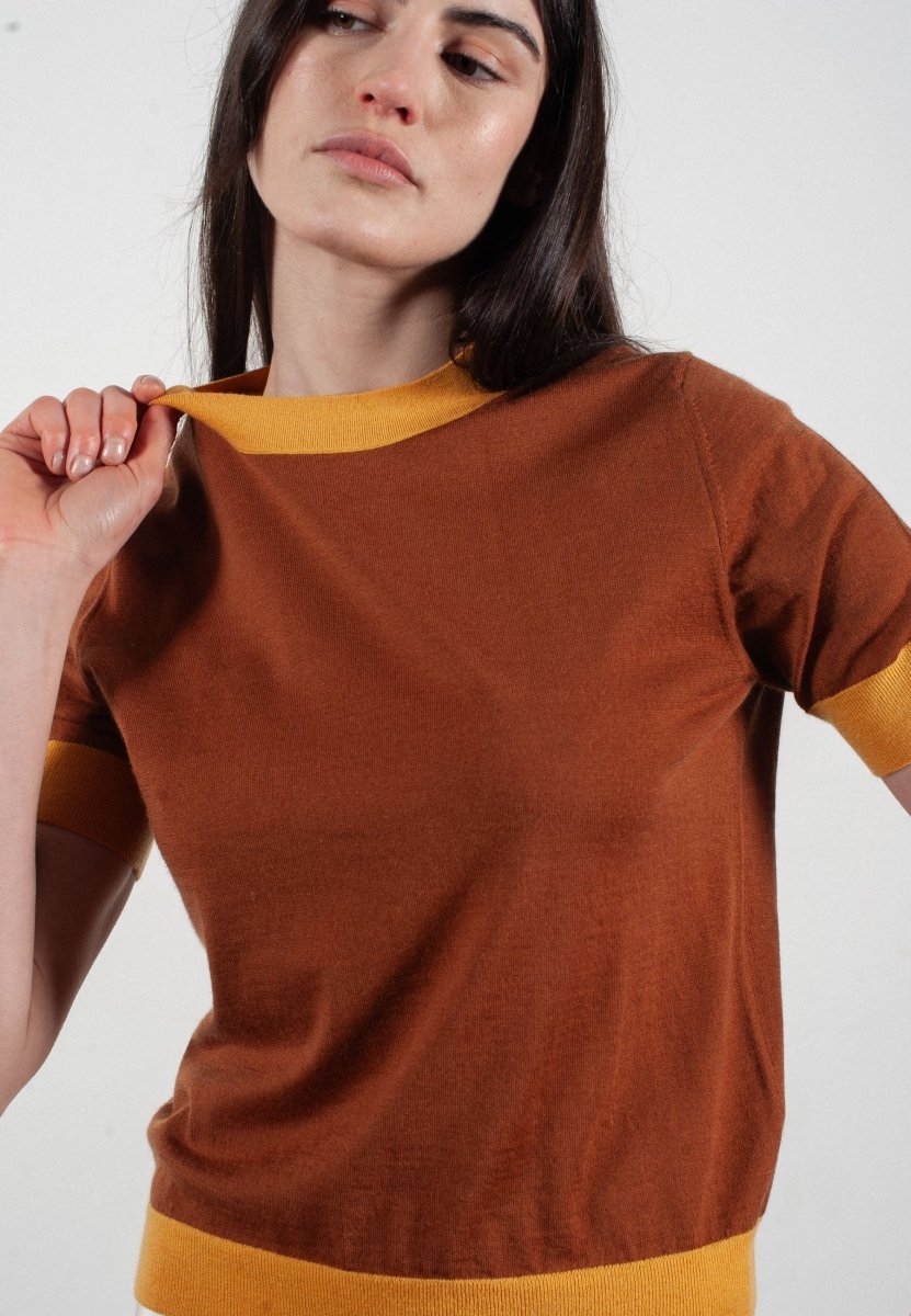 Women's round neck short sleeve T-shirt in light brown & yellow ultra-fine cashmere and wool - FRIDA 12