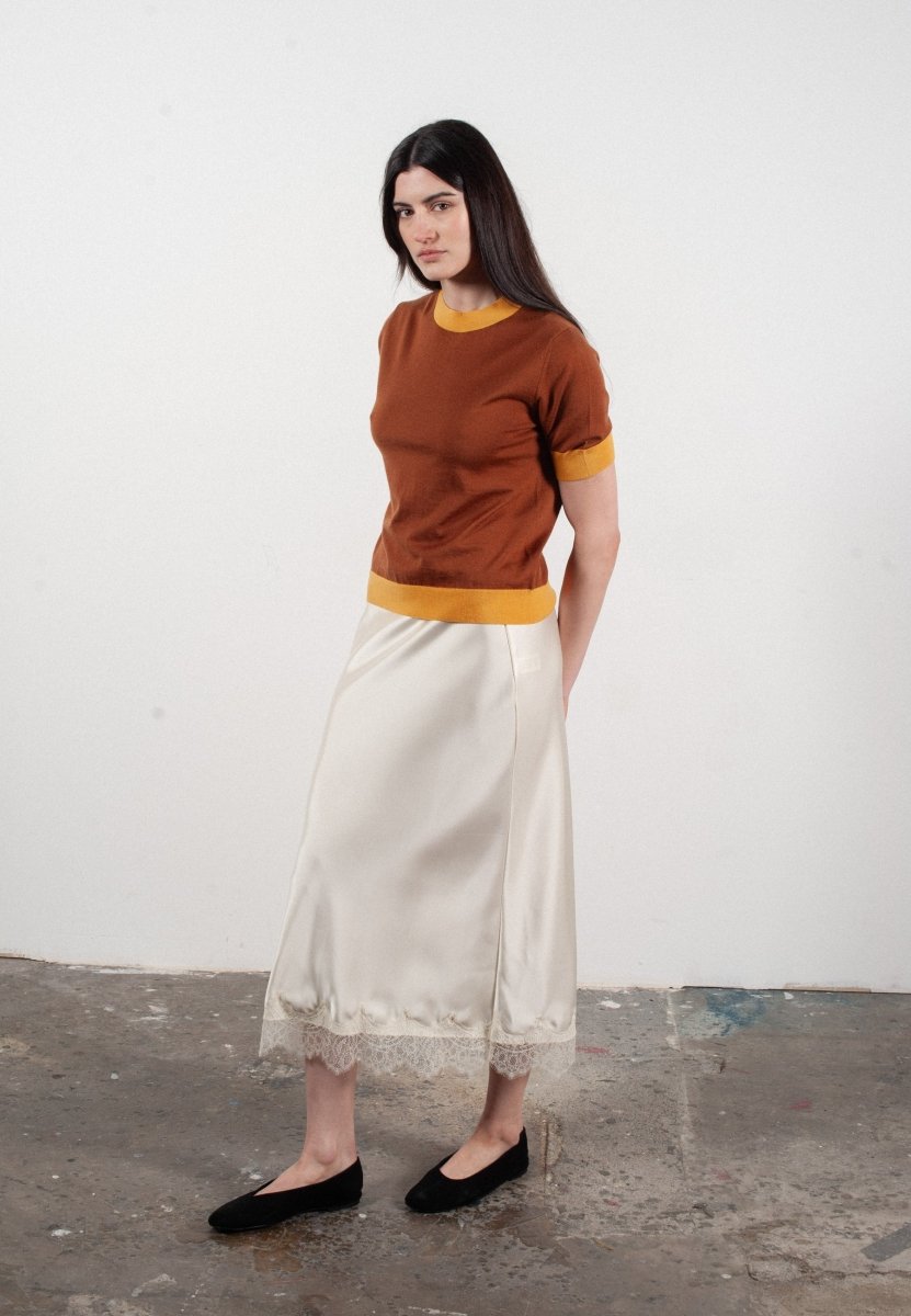 Women's round neck short sleeve T-shirt in light brown & yellow ultra-fine cashmere and wool - FRIDA 12