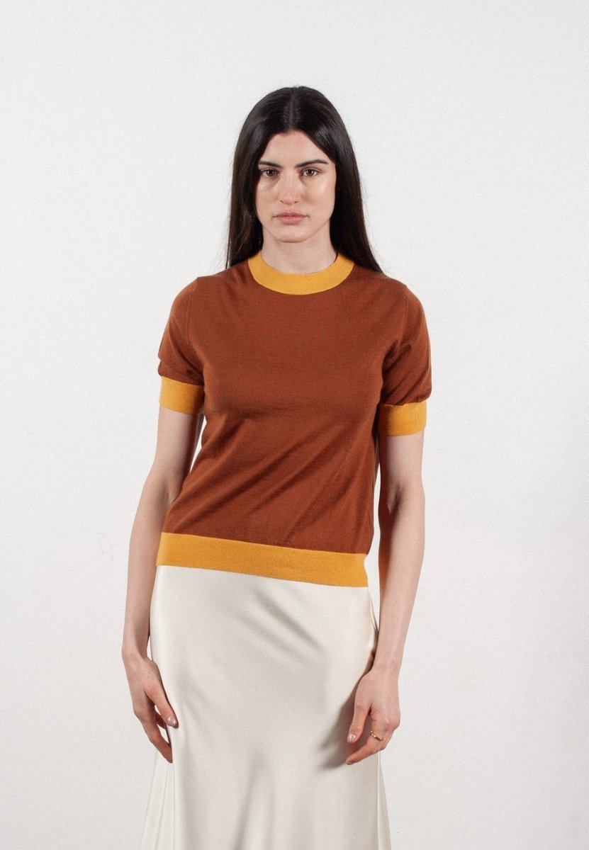 Women's round neck short sleeve T-shirt in light brown & yellow ultra-fine cashmere and wool - FRIDA 12