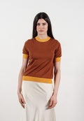 Women's round neck short sleeve T-shirt in light brown & yellow ultra-fine cashmere and wool - FRIDA 12