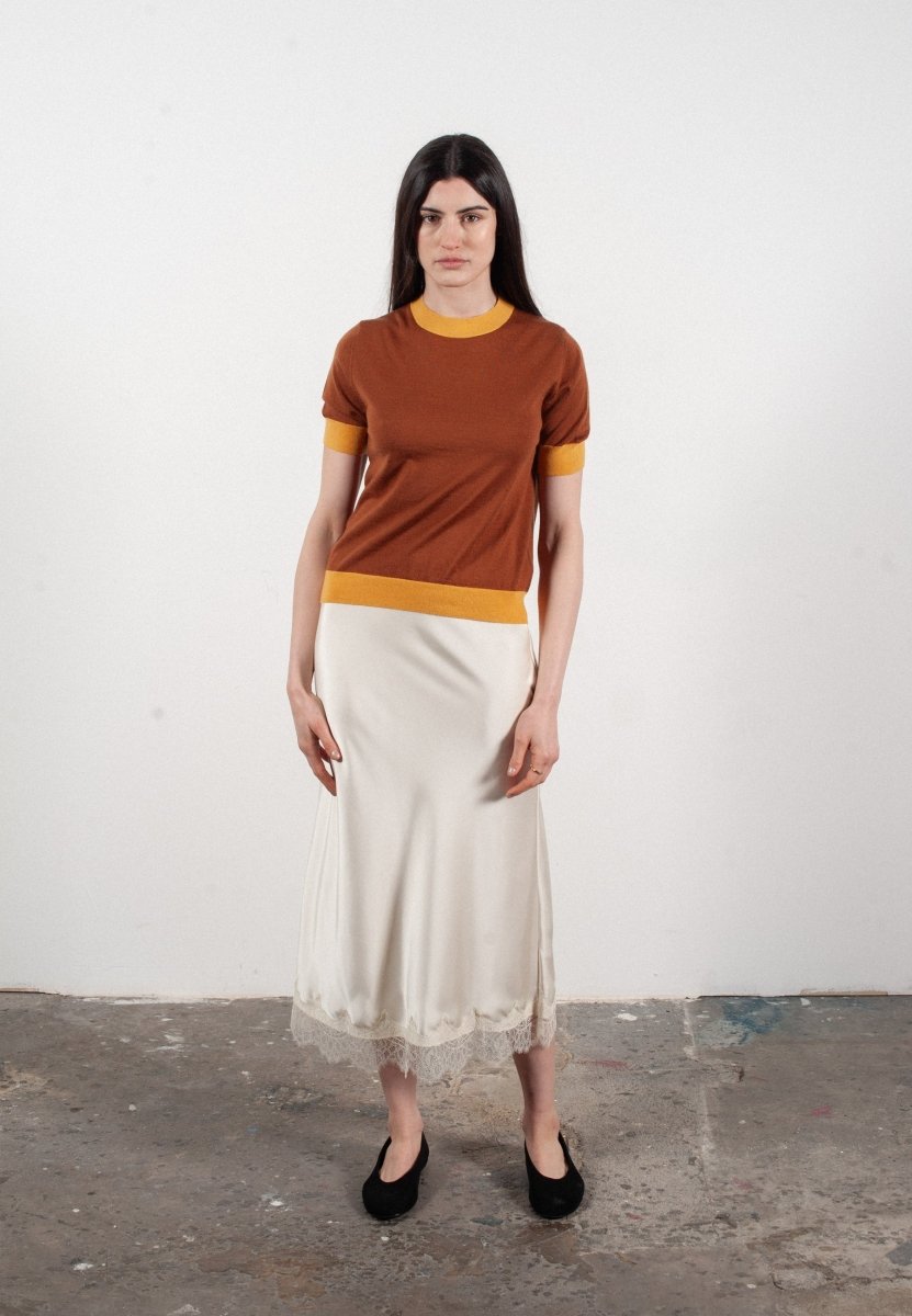 Women's round neck short sleeve T-shirt in light brown & yellow ultra-fine cashmere and wool - FRIDA 12