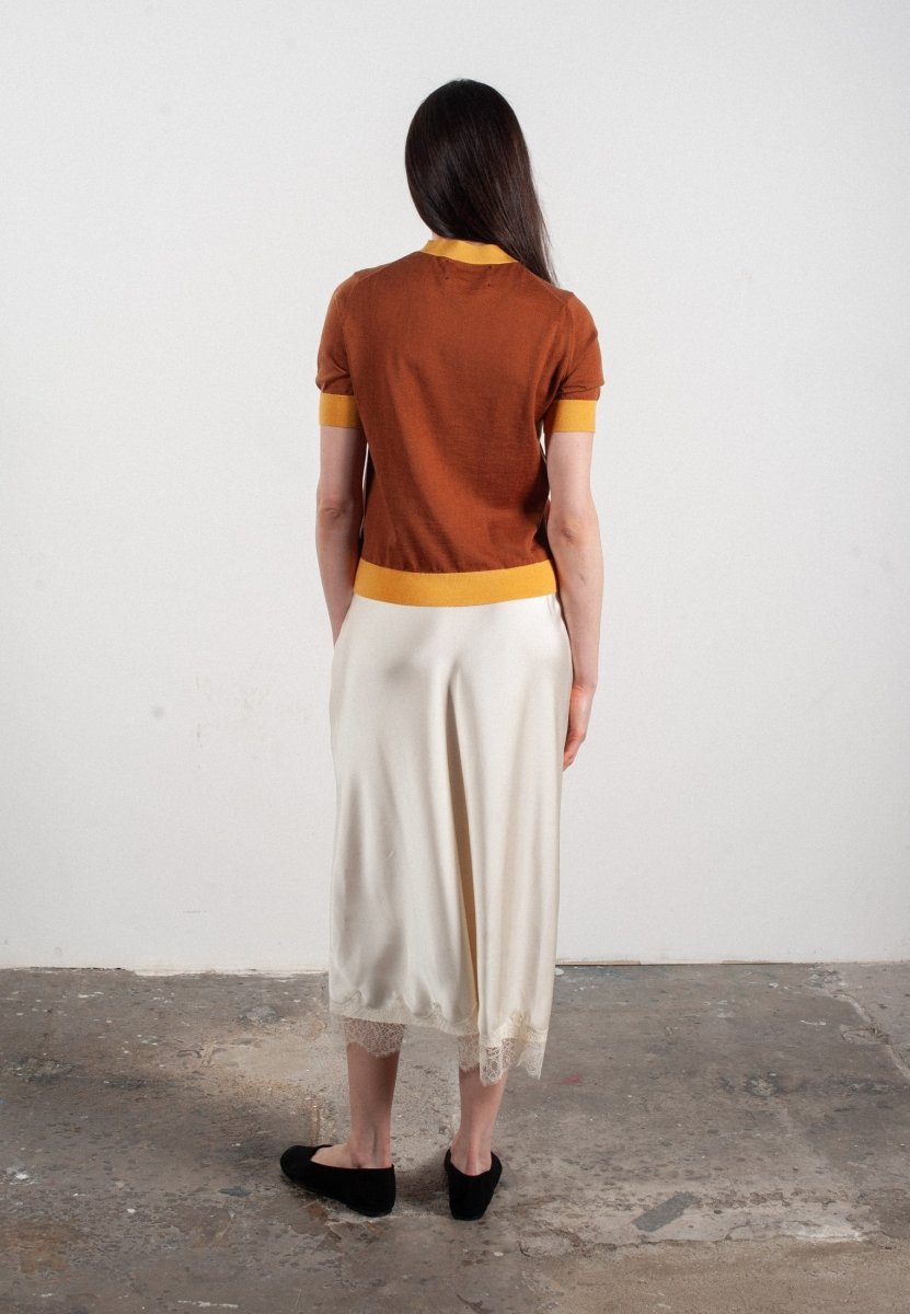Women's round neck short sleeve T-shirt in light brown & yellow ultra-fine cashmere and wool - FRIDA 12